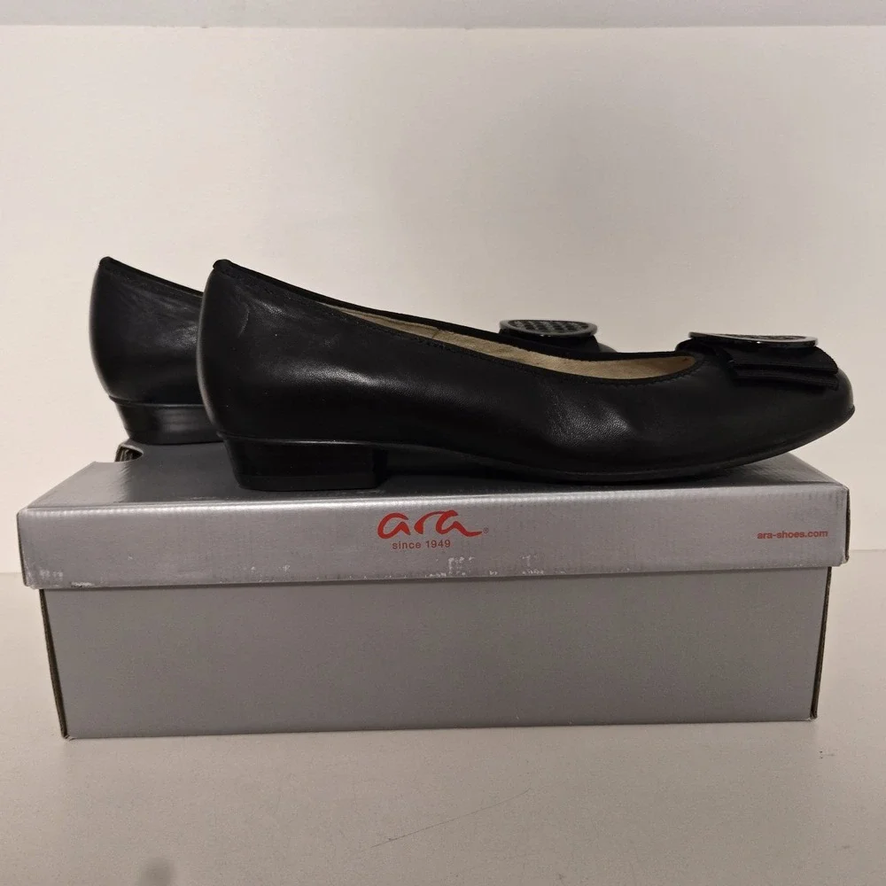 Ara Size 8 Black Leather Bambi Ballet Flats with Bow Detail NEW